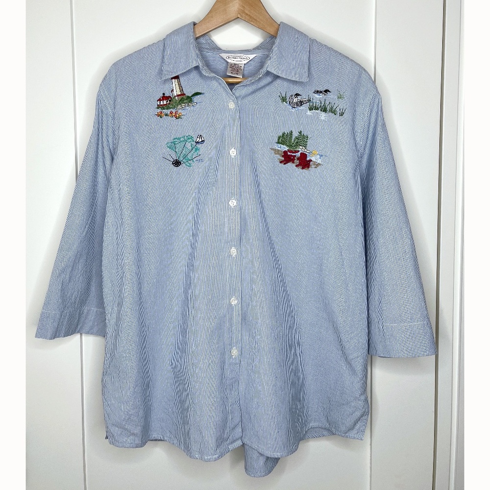 Northern Reflections Vintage Maritime Embroidered Button Up 3/4 Sleeve Shirt
